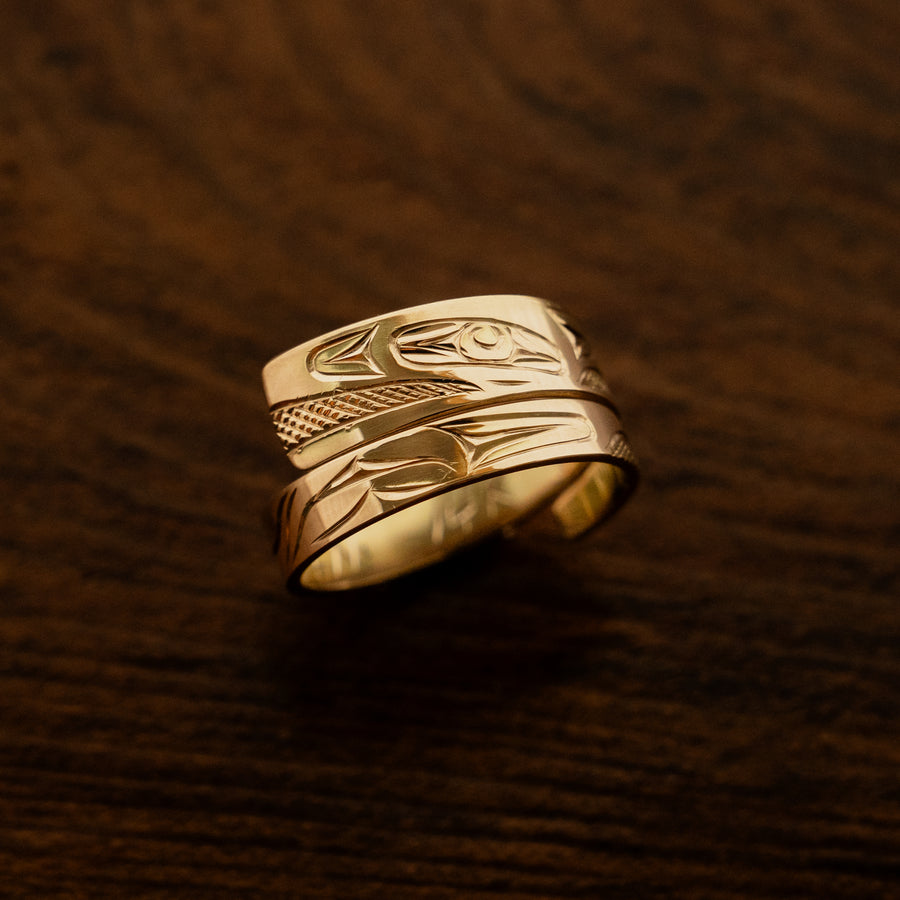 Narrow 14K Gold Raven Wrap Ring By James Sawyer (Haida)