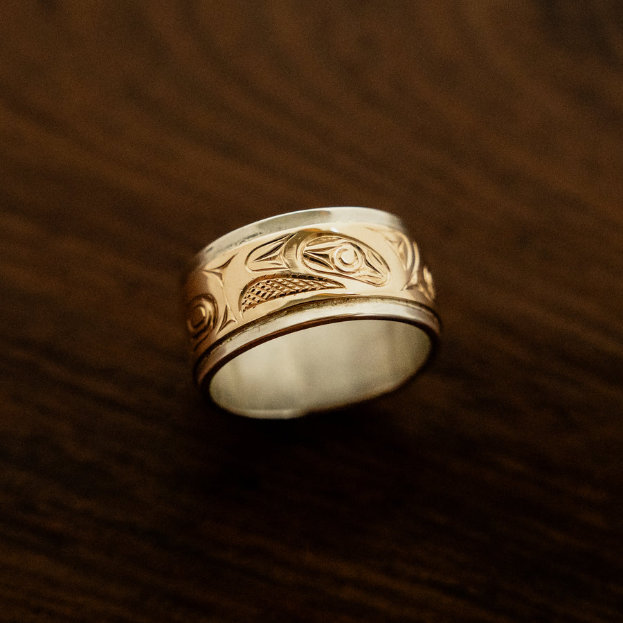 14K Gold & Sterling Silver Eagle Ring by James Sawyer (Haida)