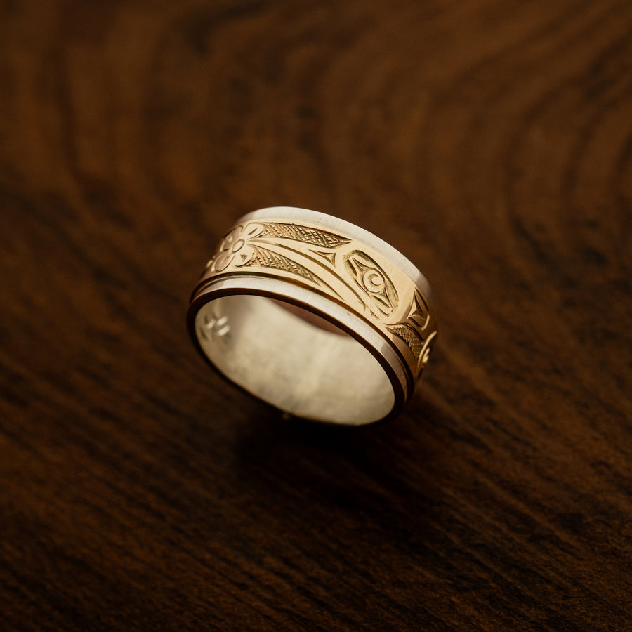14K Gold & Sterling Silver Hummingbird Ring by James Sawyer (Haida)