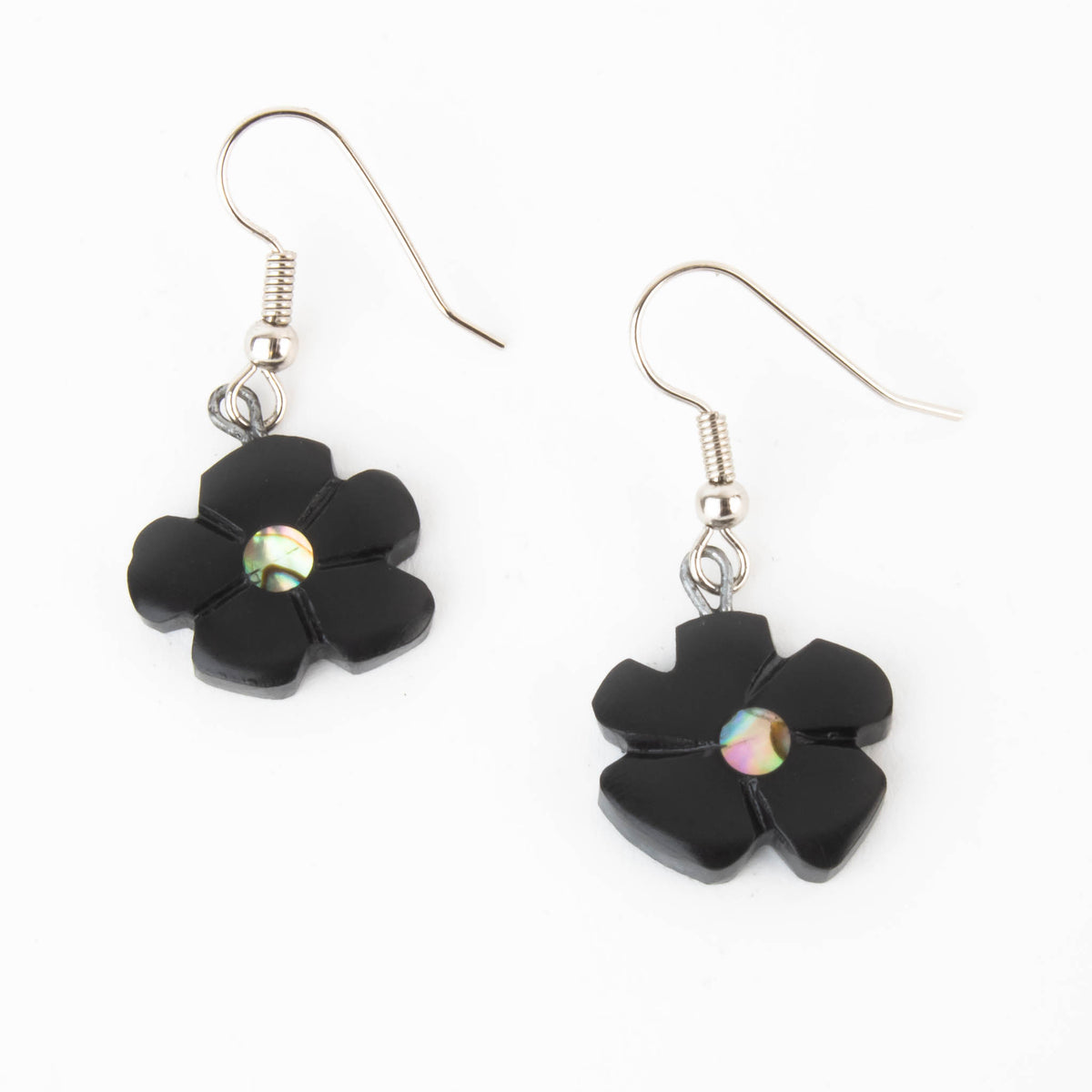 Hand carved summer inspired Argillite flower earrings with abalone inlay. Made by Local Canadian Indigenous artist Amy Edgars