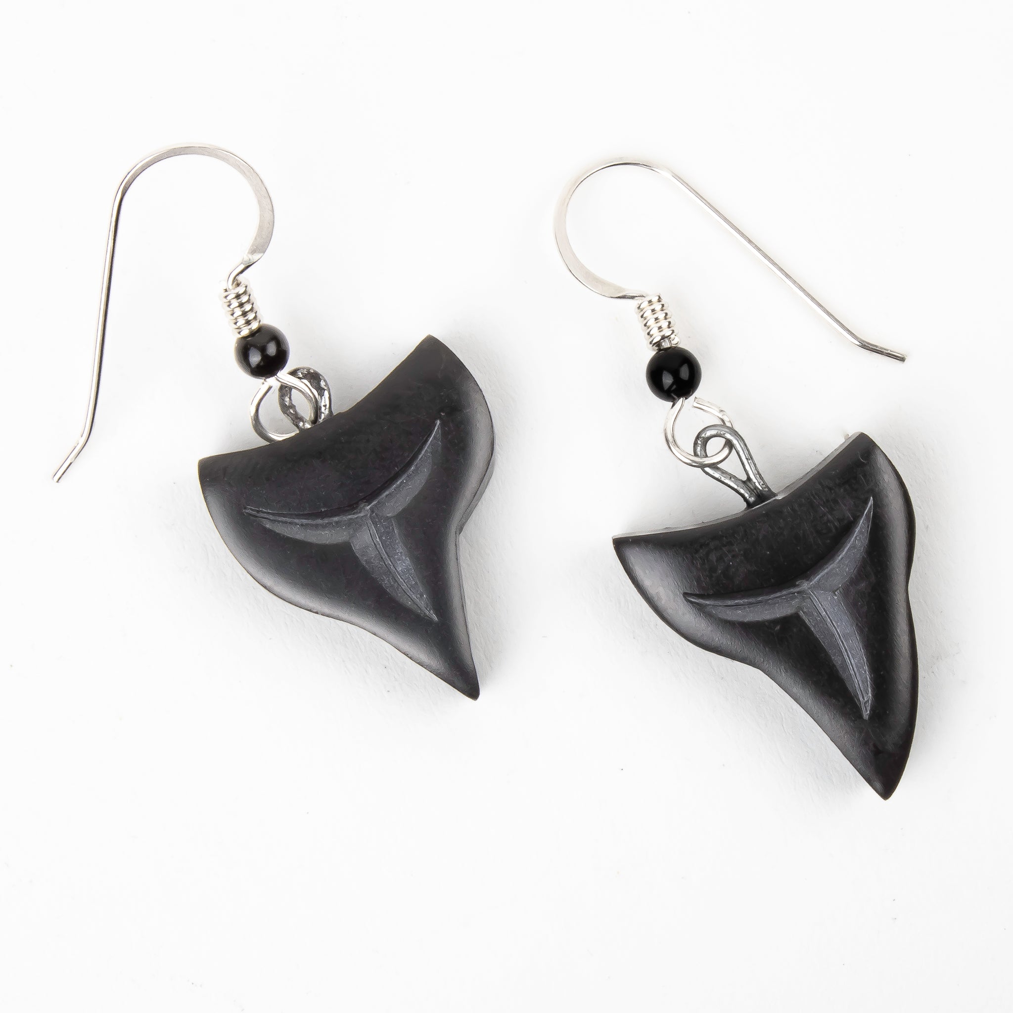 Argillite Shark tooth earrings with Shepard hooks with small black bead