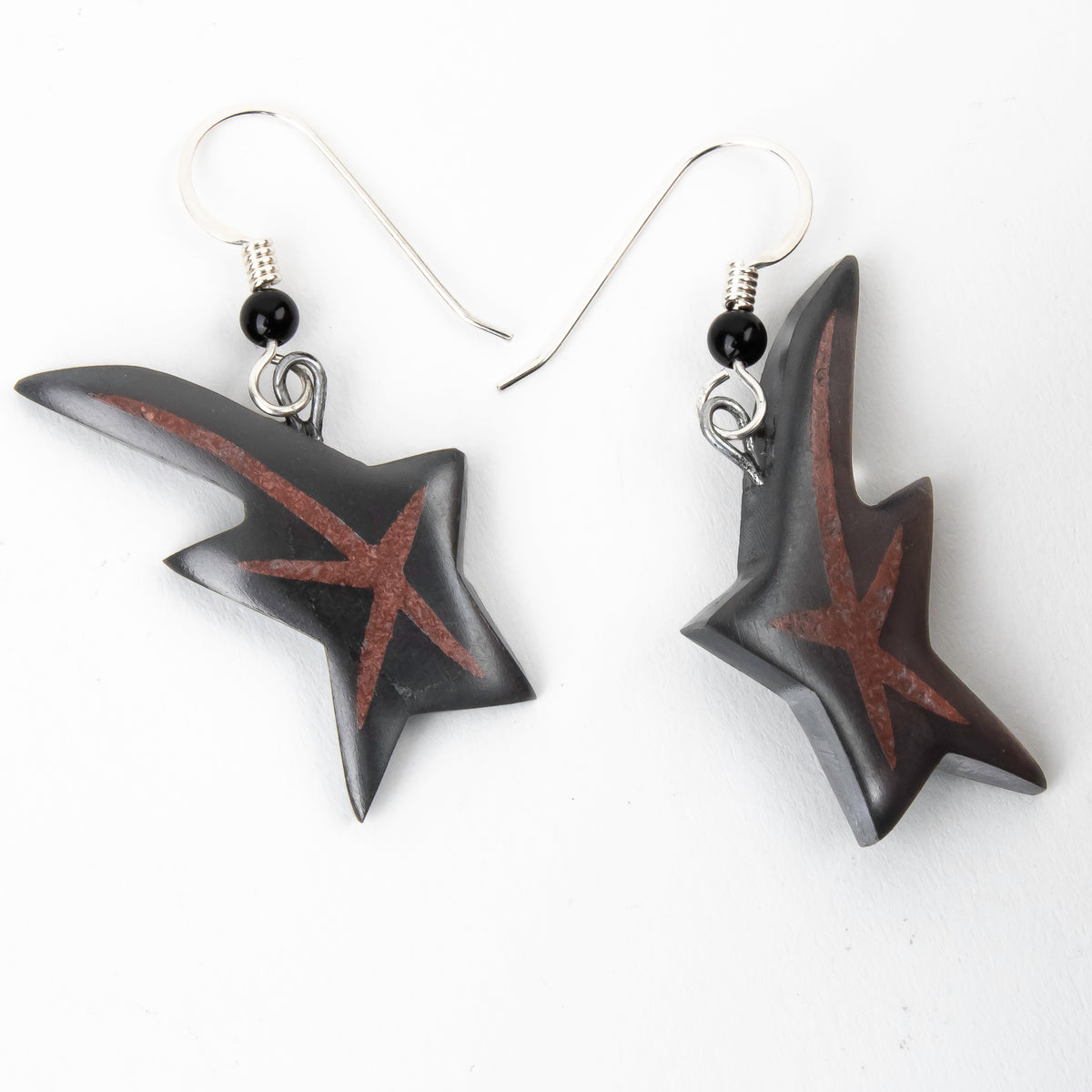 Argillite Shooting Star earrings with Shepard hooks with small black bead
