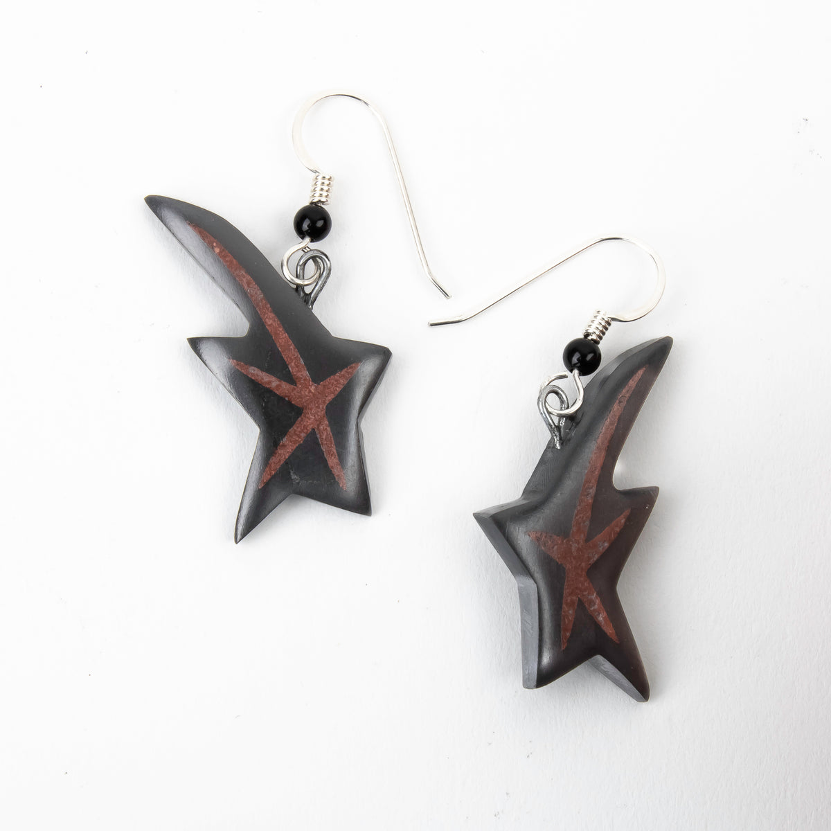 Argillite Shooting Star earrings with Shepard hooks with small black bead