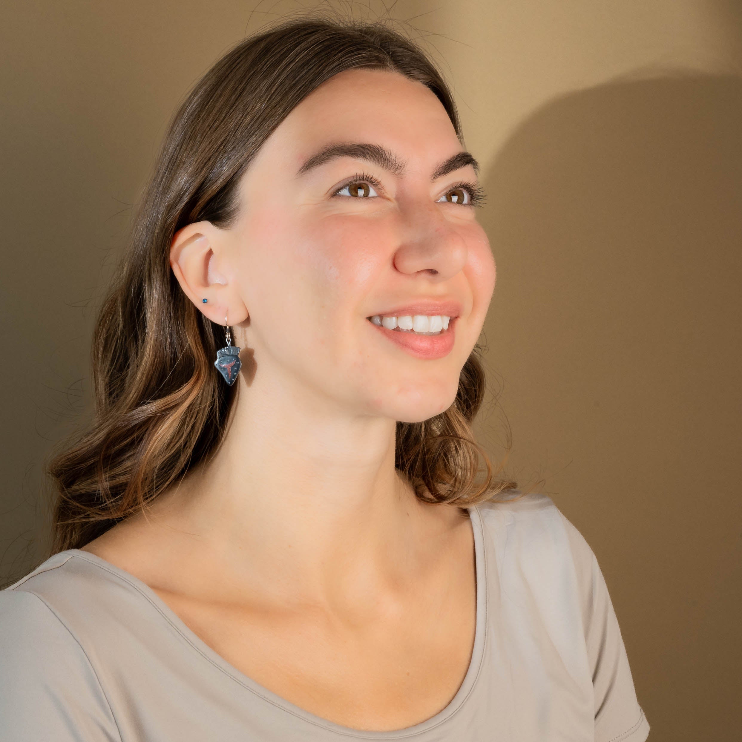 Haida Argillite Strawberry Earrings carved by Local Female artist my Edgars worn by model