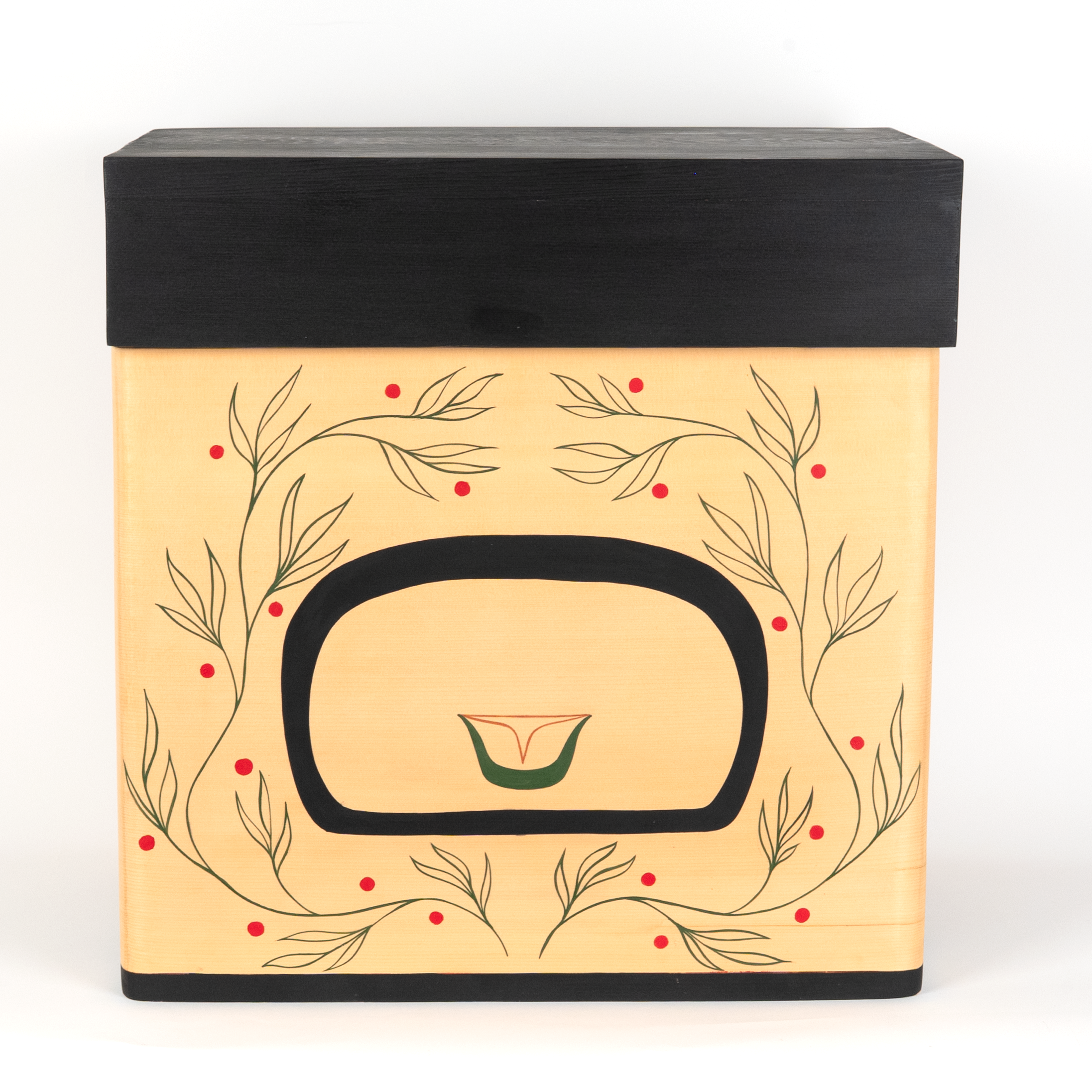 Cedar Bentwood box-chest featuring Bear mother and her cubs showcasing the back of the mother bear surrounded in huckle berries on the right side of the box on a white background