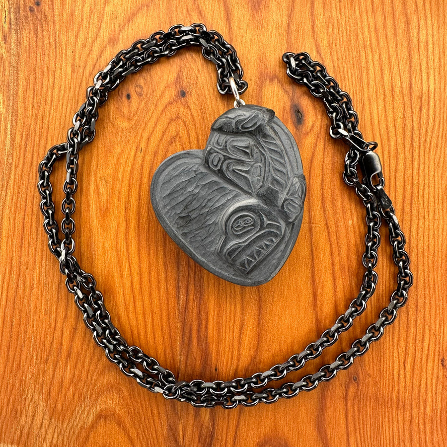 Two Fin Killer Whale Argillite Heart Pendant by Melanie Russ (Haida)