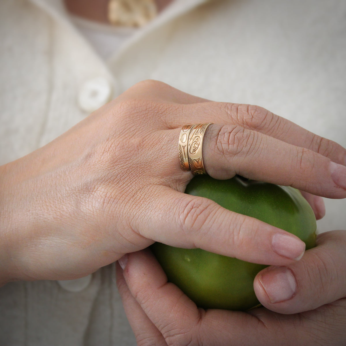 Narrow 14K Gold Hummingbird Wrap Ring by James Sawyer (Haida)