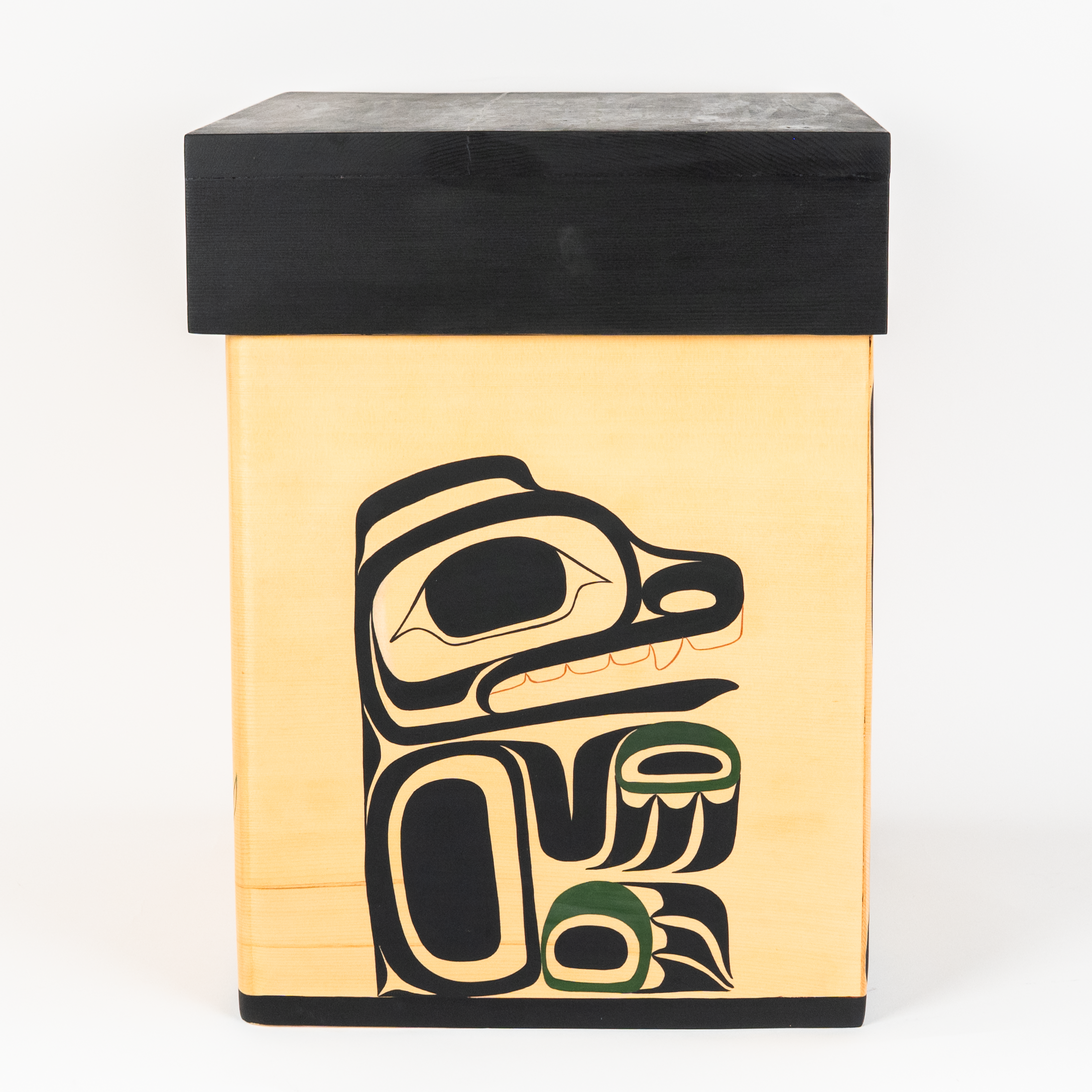 Cedar Bentwood Chest featuring Bear mother and her cubs showcasing the bear cub on the left side of the box on a white background