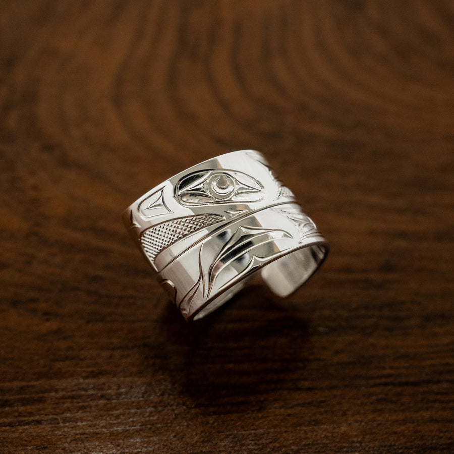 Large & Wide Sterling Silver Eagle Wrap Ring by James Sawyer (Haida)