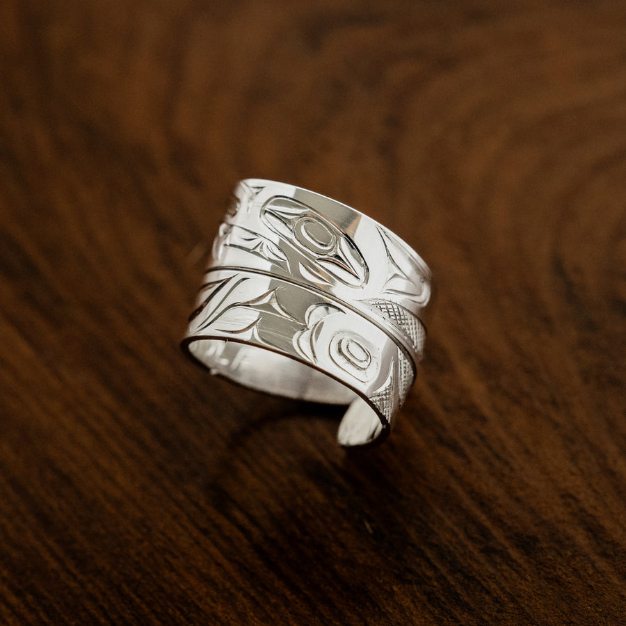 Large & Wide Sterling Silver Wolf Wrap Ring By James Sawyer (Haida)
