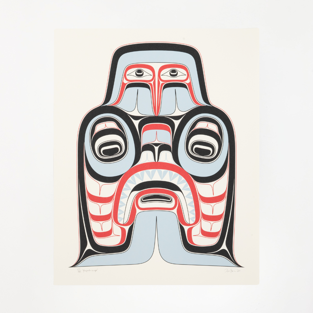 An unframed Haida Art serigraph fine art print featuring a supernatural being, Dogfish Mother, with bold red and black, and soft blue hues against a white background.