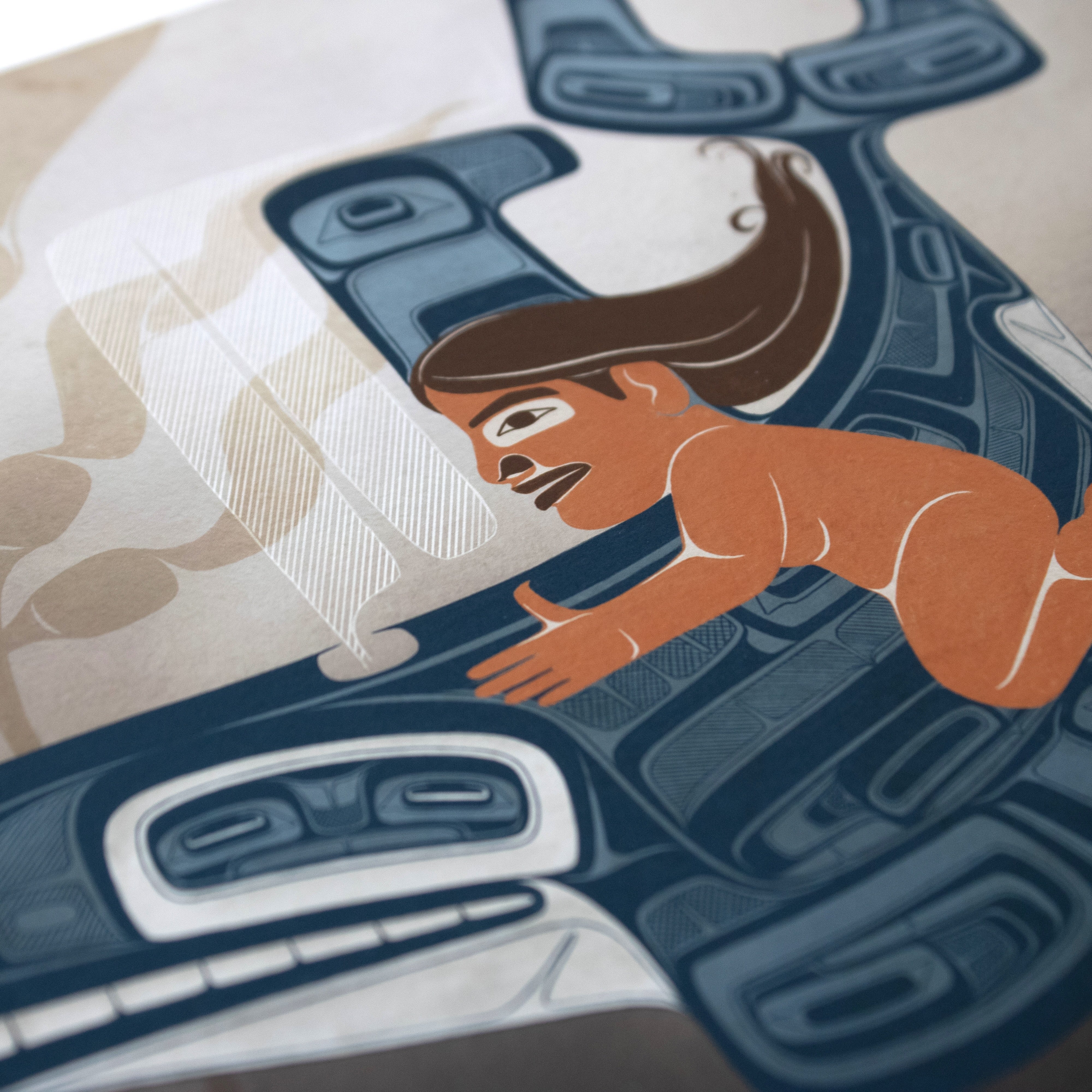 Close up of fine art print a moment to vanish created by local haida artist Shoshannah Greene featuring a gilr riding a formline killer whale through a kelp bed