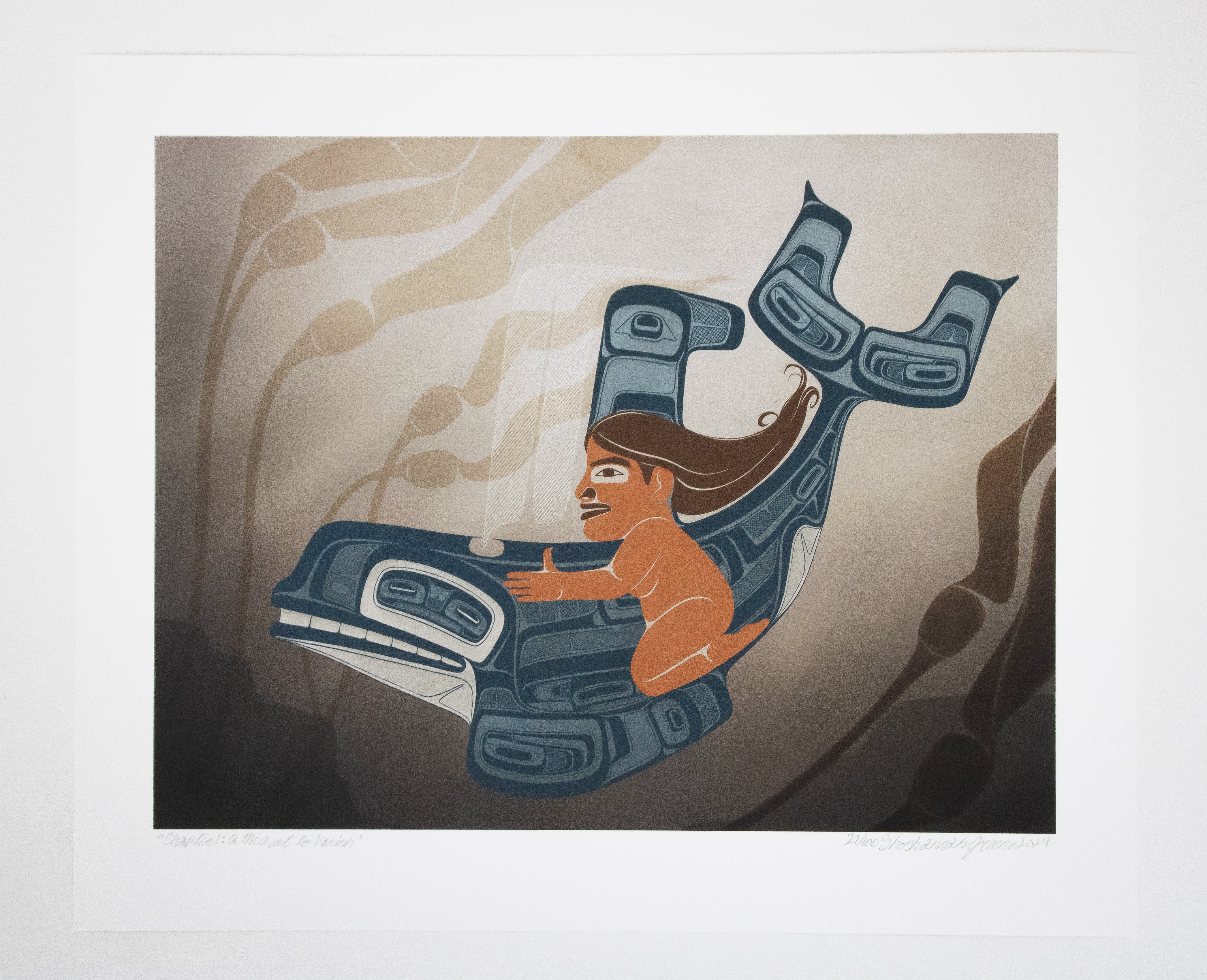 fine art print a moment to vanish created by local haida artist Shoshannah Greene featuring a gilr riding a formline killer whale through a kelp bed on a white background