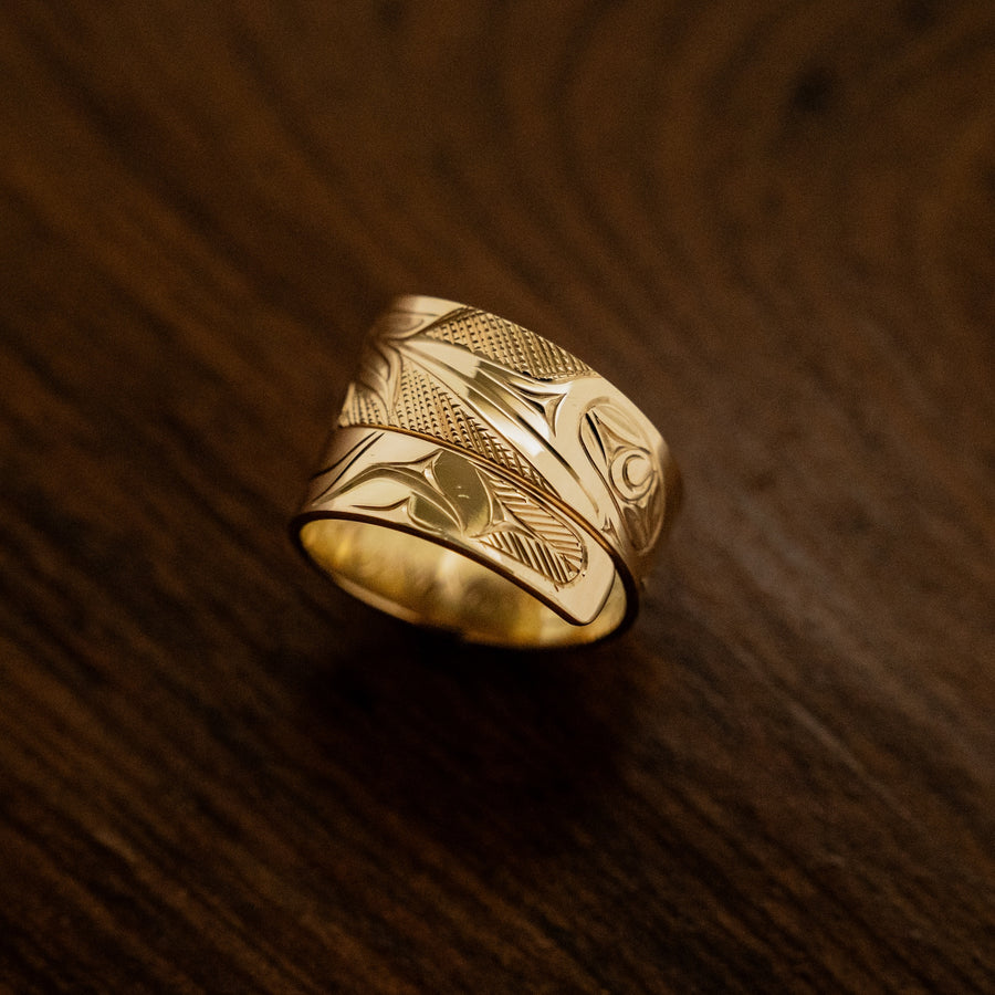 Wide 14K Gold Hummingbird Wrap Ring by James Sawyer (Haida)
