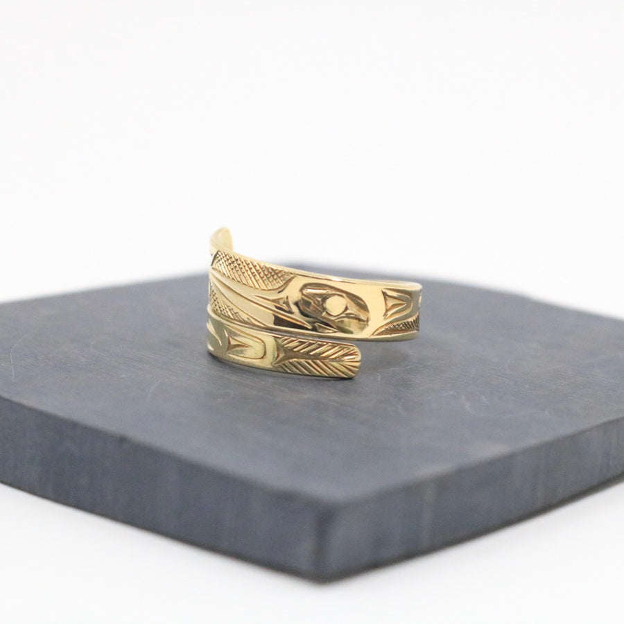 Narrow 14K Gold Hummingbird Wrap Ring by James Sawyer (Haida)