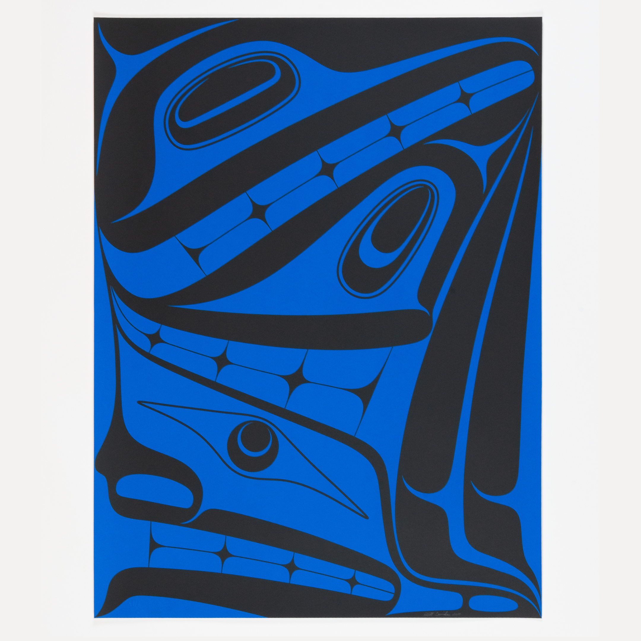 Robert davidson large and rare haida art print shadows. Showcasing supernatural beings in the shadows in blue and black on a white back ground