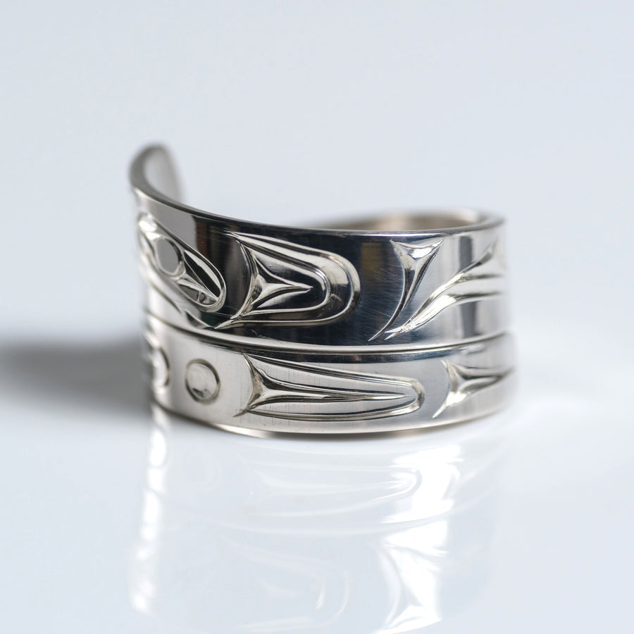 Sterling Silver Haida Eagle Indigenous Canadian Hand Engraved Custom Wrap Ring by Haida artist James Sawyer sold by Crystal Cabin.