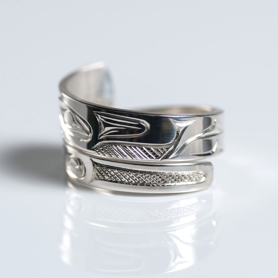 Sterling Silver Haida Wolf Indigenous Canadian Hand Engraved Custom Wrap Ring by Haida artist James Sawyer sold by Crystal Cabin. 