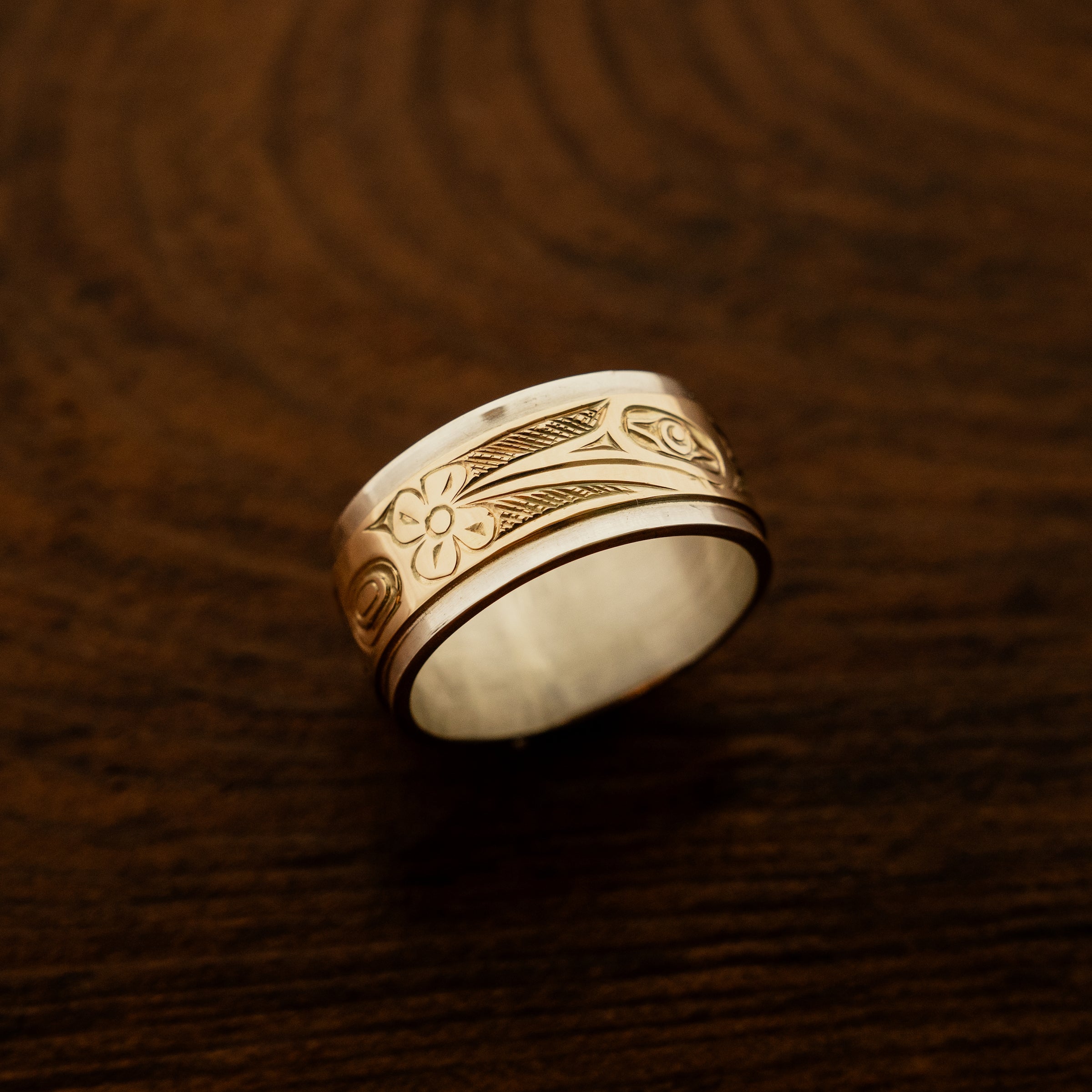 14K Gold Silver Hummingbird Ring by Haida Artist J. Sawyer Crystal Cabin Gallery