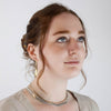 Woman wearing 18K gold mouse woman earrings by Morgan Asoyuf