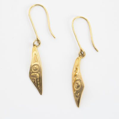 18k gold mouse women earrings by indigenous artist and jeweller morgan asoyuf, in an elegant dangle design with hand crafted Shepards hook