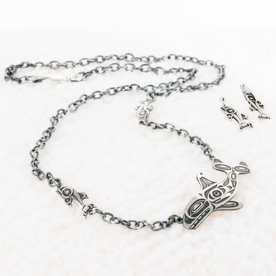 Sterling Silver Salmon earrings with matching Killer. whale and Salmon necklace by Native artist Morgan Asoyuf