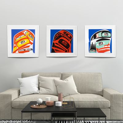 International acclaimed Haida artist eg Davidson three finned series in a living room interior design set up