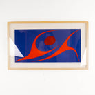 Framed abstract artwork with red and blue design on a white background