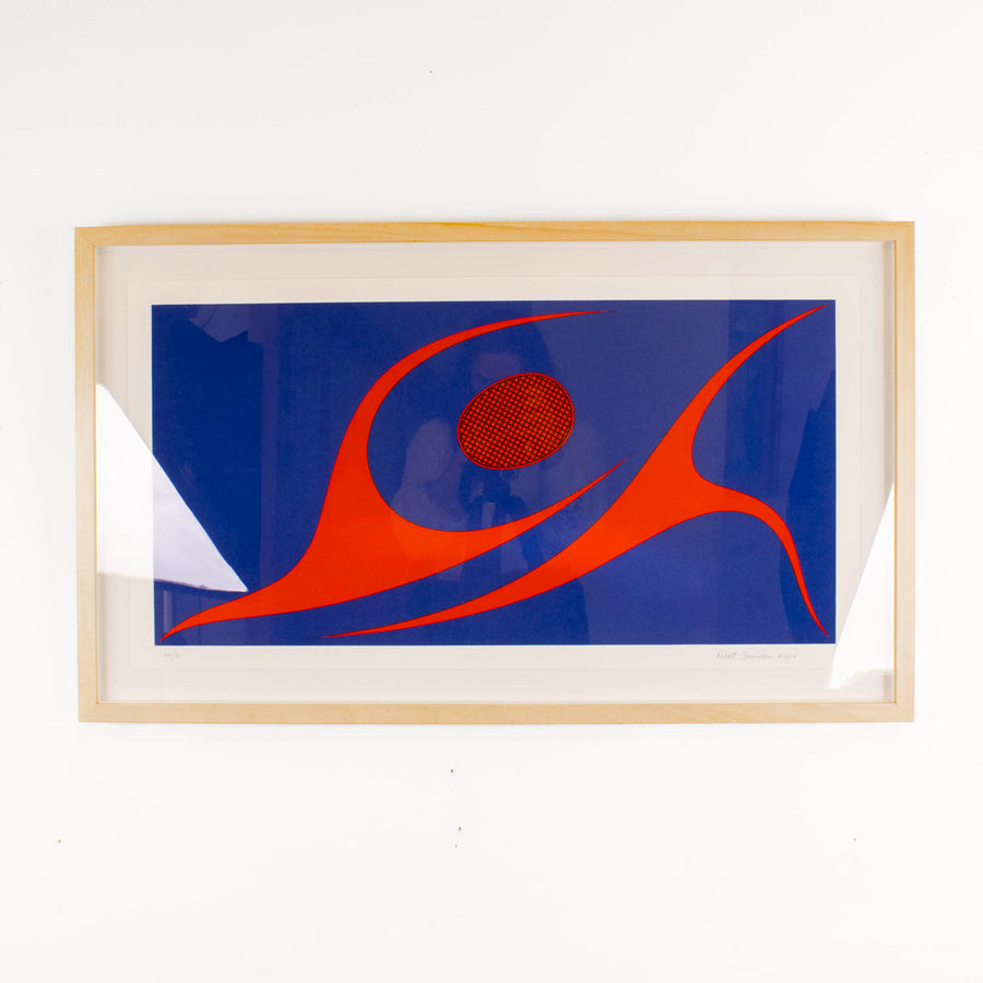Framed abstract artwork with red and blue design on a white background