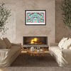 Living room with a fireplace, couches, and a decorative wall art piece.