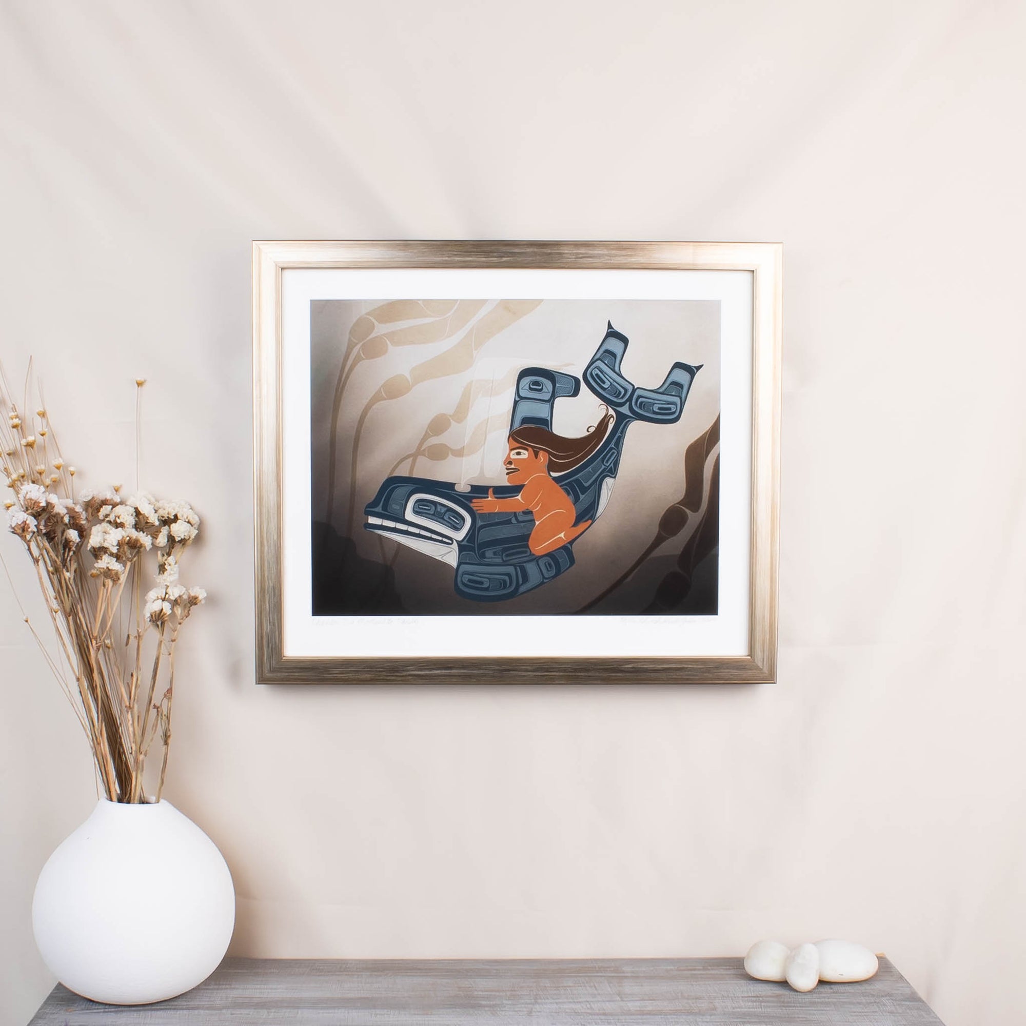 A Moment to Vanish art framed print by Shoshannah Greene on a cream wall with white vase and grey table.