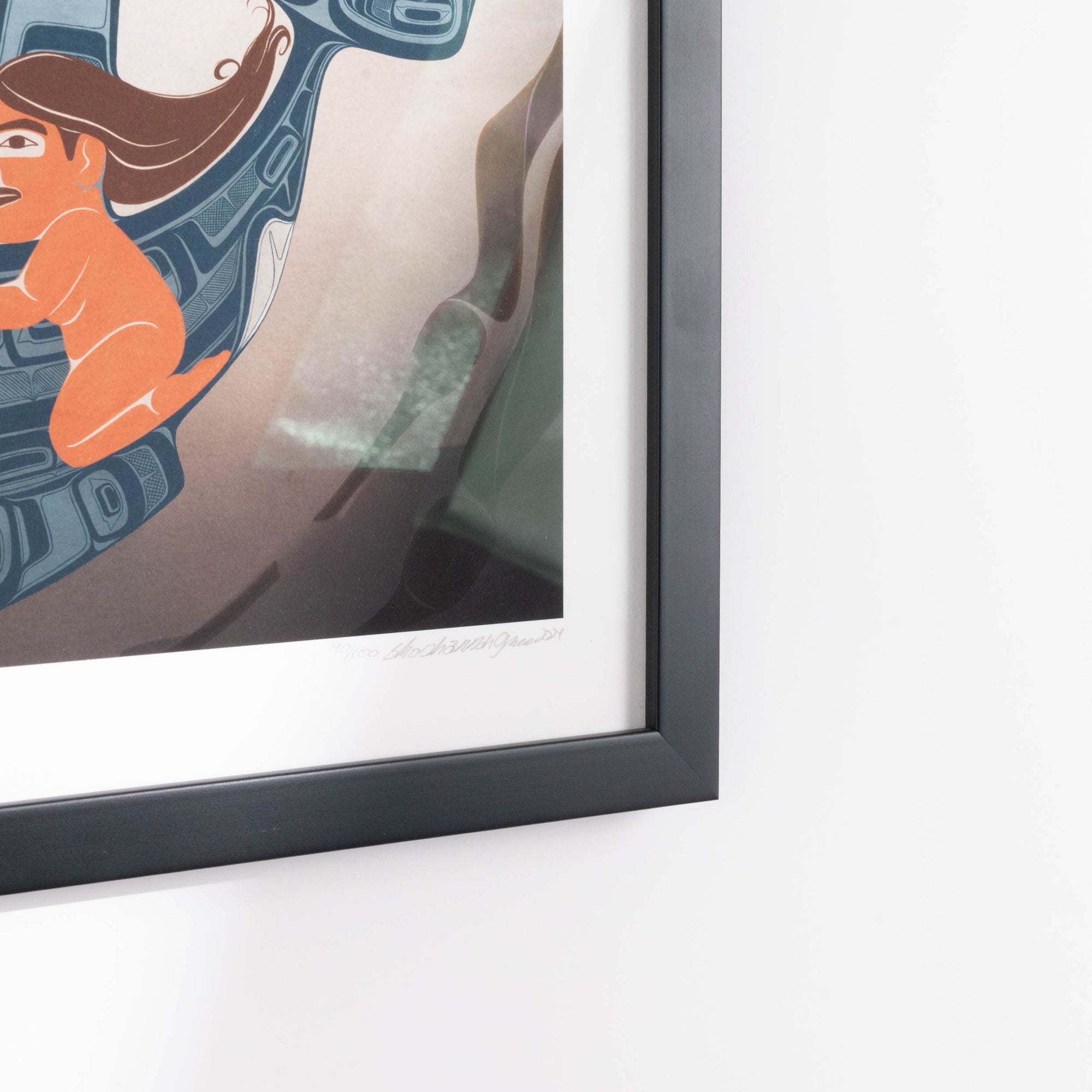 A moment to Vanish Chapter one. the first in a series and a gallery exclusive it features a women rinding through a kelp bed on an killer whale. In soft blues and browns: Framed in a white frame with conservation glass