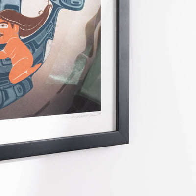 A moment to Vanish Chapter one. the first in a series and a gallery exclusive it features a women rinding through a kelp bed on an killer whale. In soft blues and browns: Framed in a white frame with conservation glass