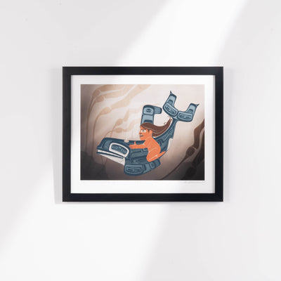 A moment to Vanish Chapter one. the first in a series and a gallery exclusive it features a women rinding through a kelp bed on an killer whale. In soft blues and browns: Framed in a white frame with conservation glass