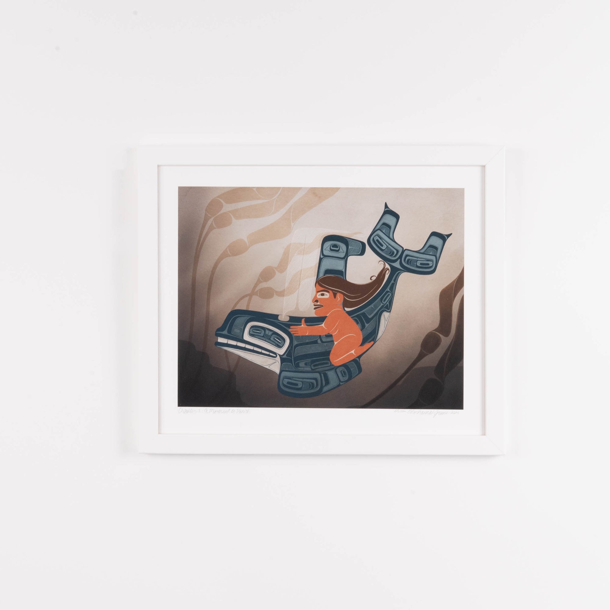 A moment to Vanish Chapter one. the first in a series and a gallery exclusive it features a women rinding through a kelp bed on an killer whale. In soft blues and browns: Framed in a white frame with conservation glass