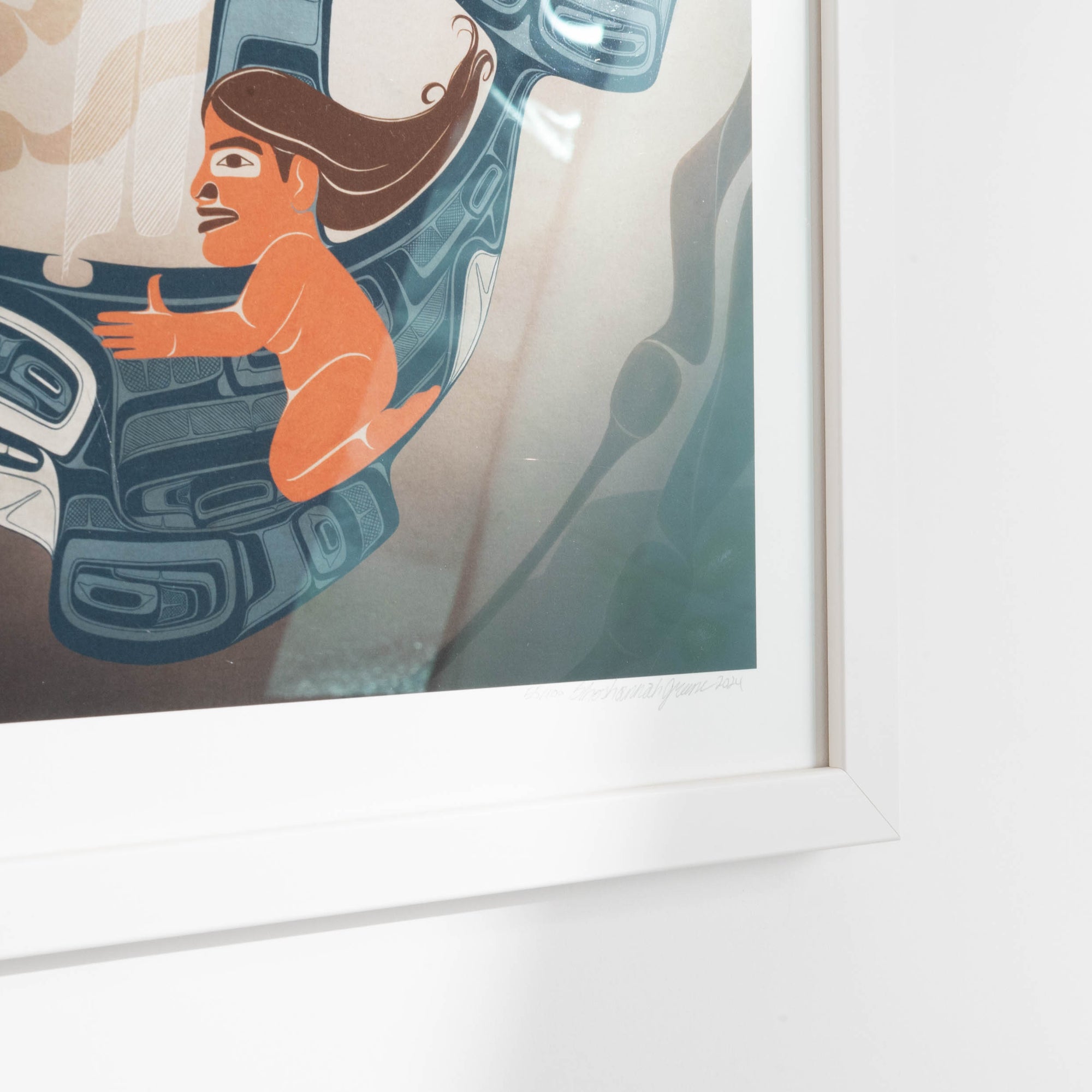 A moment to Vanish Chapter one. the first in a series and a gallery exclusive it features a women rinding through a kelp bed on an killer whale. In soft blues and browns: Framed in a white frame with conservation glass