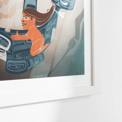 A moment to Vanish Chapter one. the first in a series and a gallery exclusive it features a women rinding through a kelp bed on an killer whale. In soft blues and browns: Framed in a white frame with conservation glass