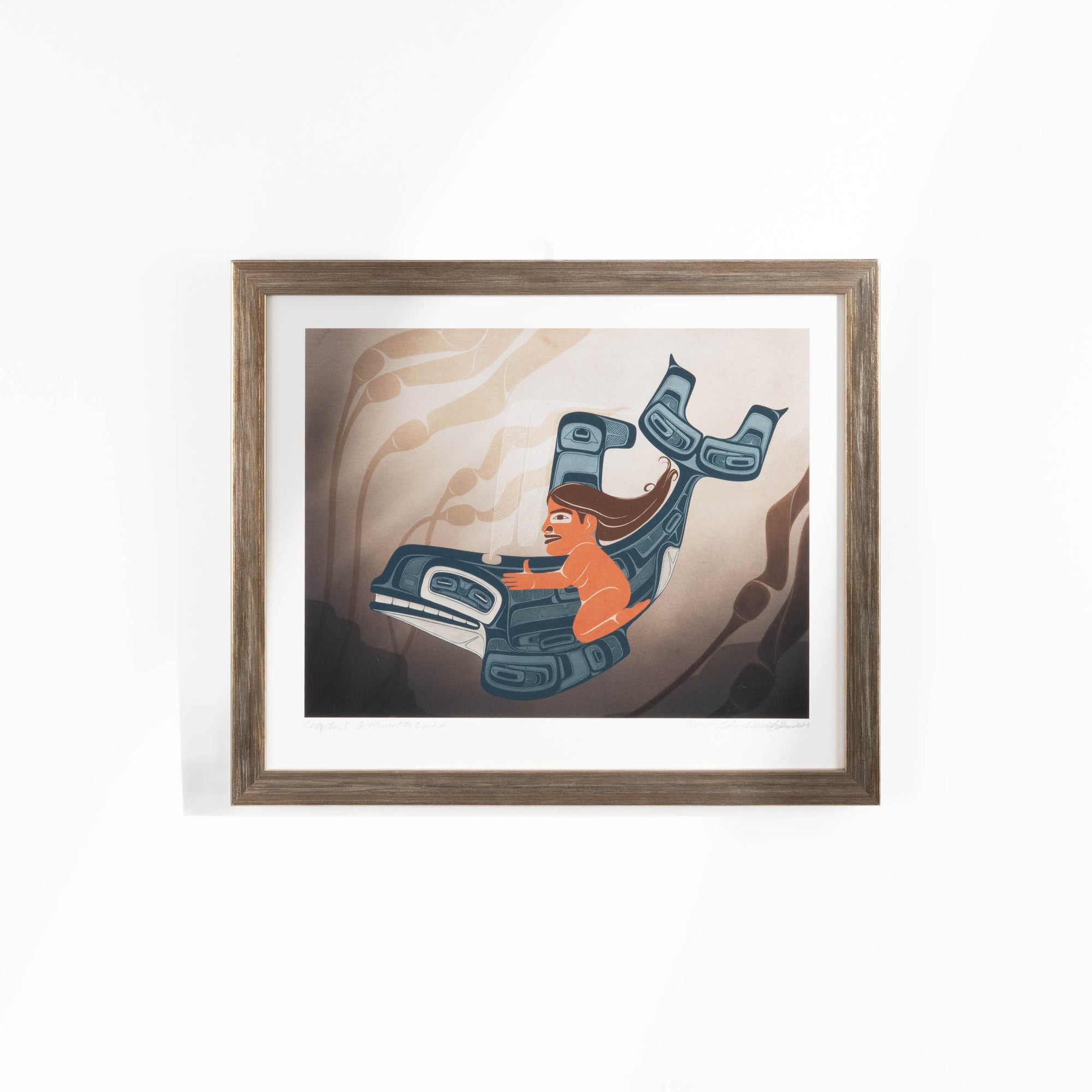 A moment to Vanish Chapter one. the first in a series and a gallery exclusive it features a women rinding through a kelp bed on an killer whale. In soft blues and browns: Framed in a white frame with conservation glass