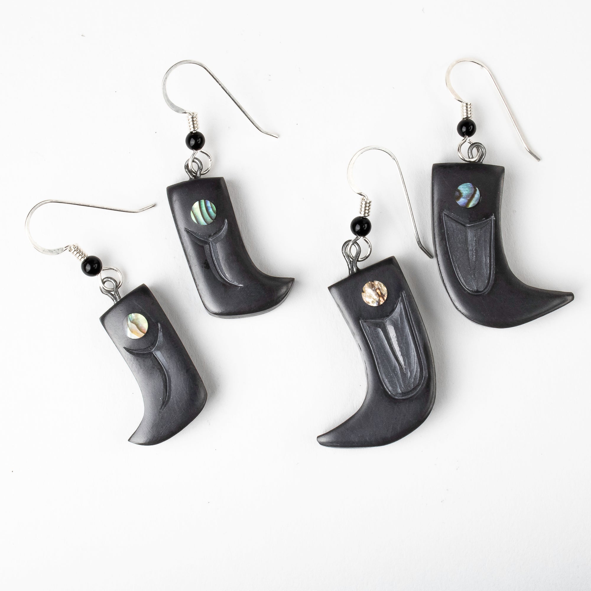 Small and Large argillite bear claw earrings with abalone inlay, and  Shepard hooks with small black bead