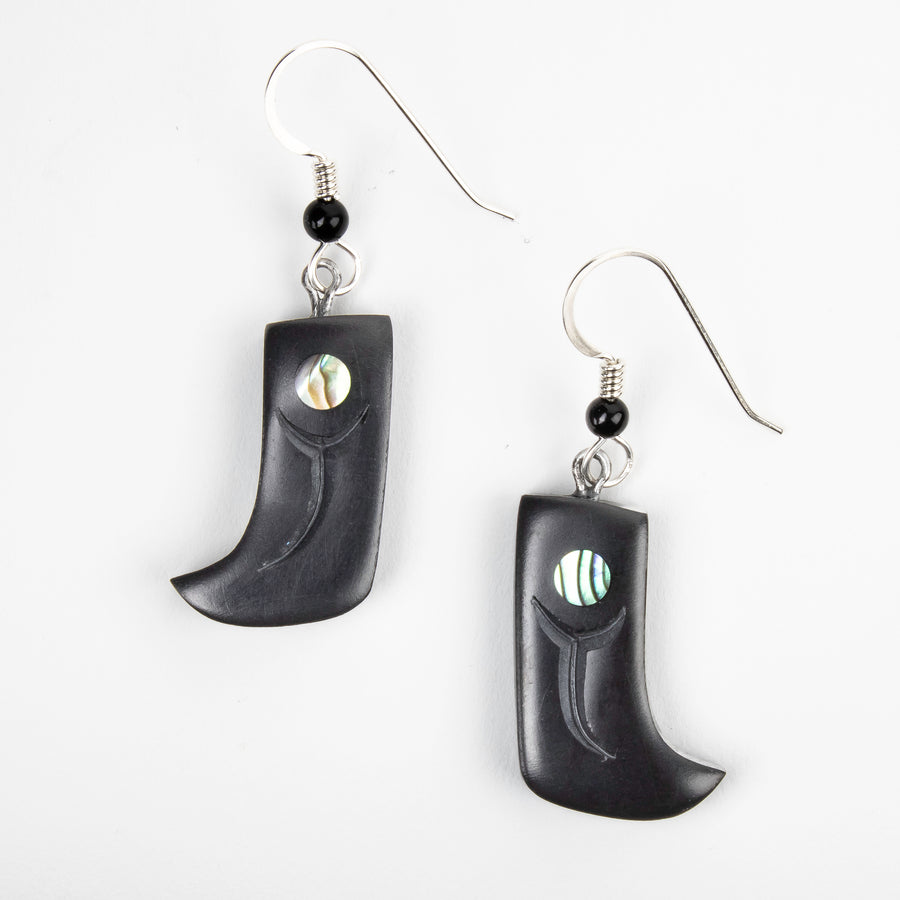 Small argillite bear claw earrings with abalone inlay, and  Shepard hooks with small black bead