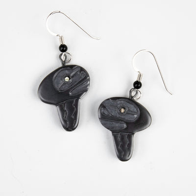 Argillite Jellyfish earrings with  abalone inlay, and Shepard hooks with small black bead