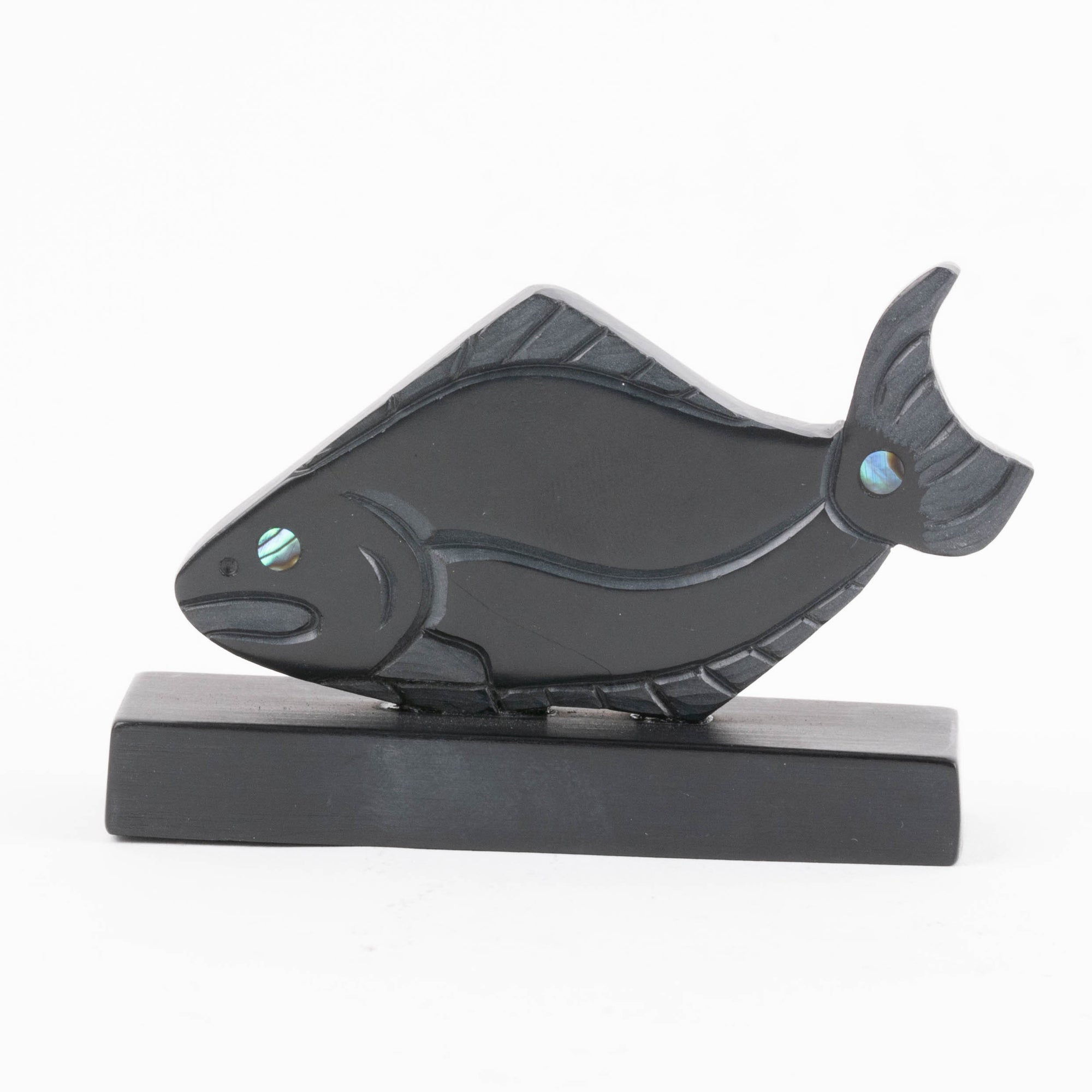 Haida Halibut Argillite carving with abalone inlay by female Haida artist Amy Edgars