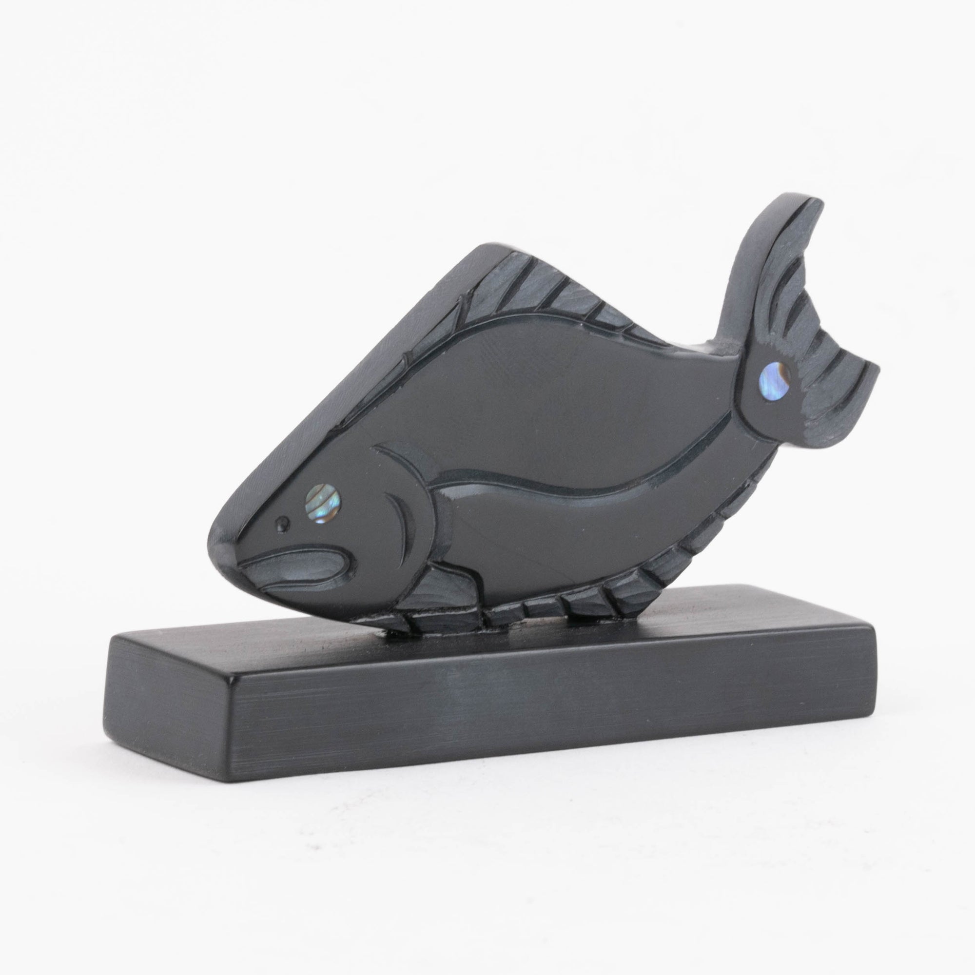 Haida Halibut Argillite carving with abalone inlay by female Haida artist Amy Edgars