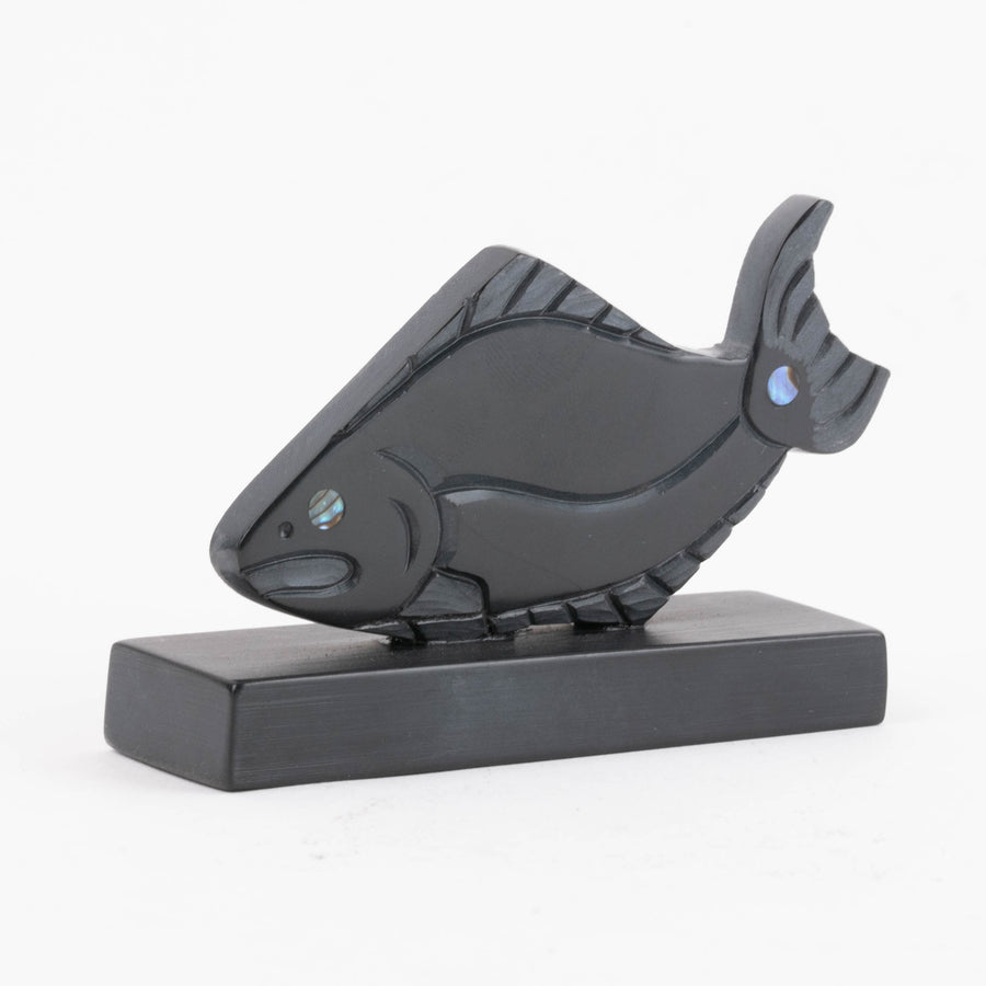 Haida Halibut Argillite carving with abalone inlay by female Haida artist Amy Edgars