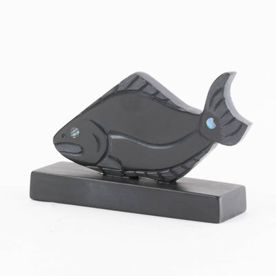 Haida Halibut Argillite carving with abalone inlay by female Haida artist Amy Edgars