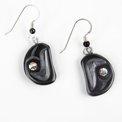 Argillite Salmon Egg earrings with  abalone inlay, and Shepard hooks with small black bead