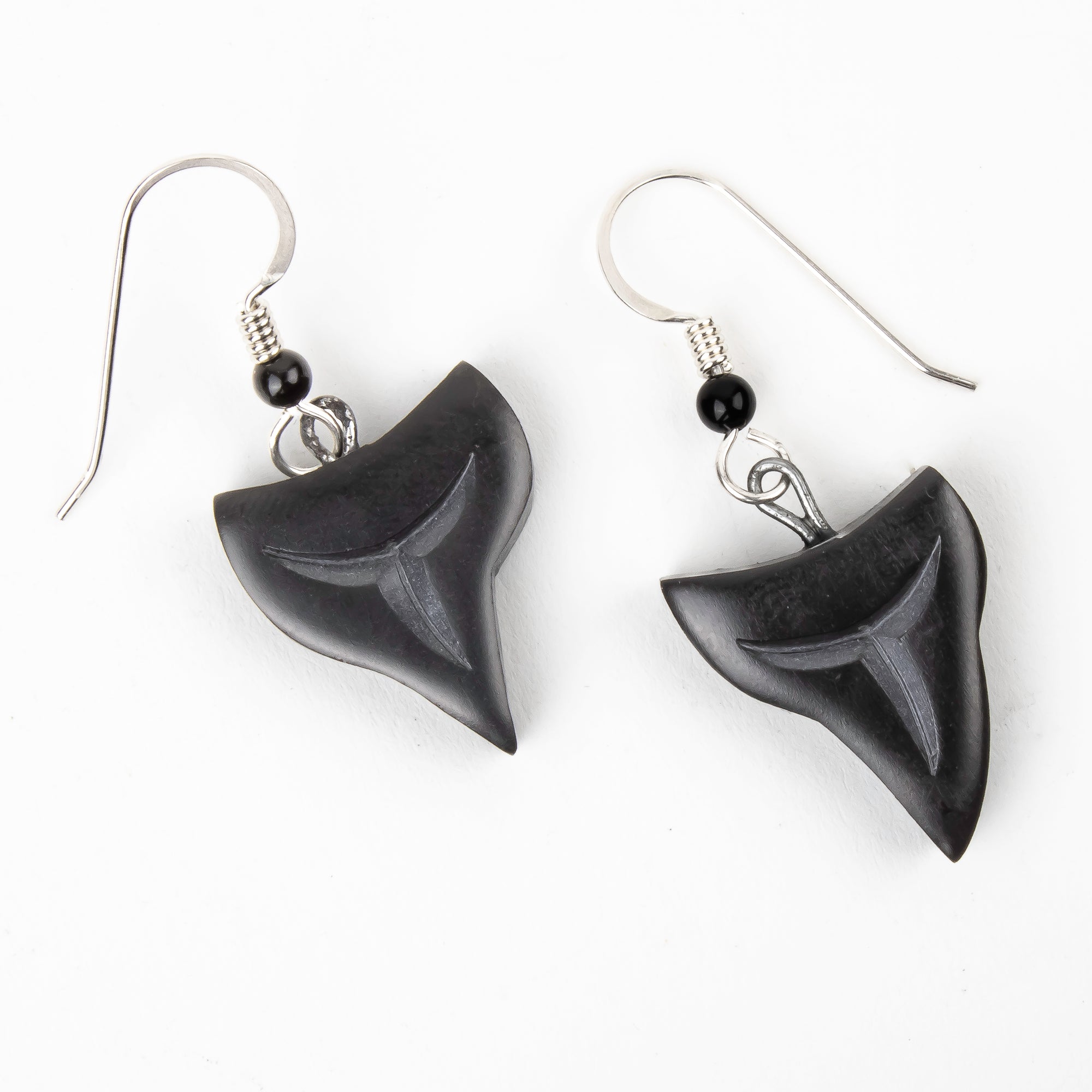 Argillite Shark tooth earrings with  Shepard hooks with small black bead