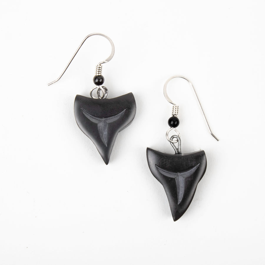Argillite Shark tooth earrings with  Shepard hooks with small black bead
