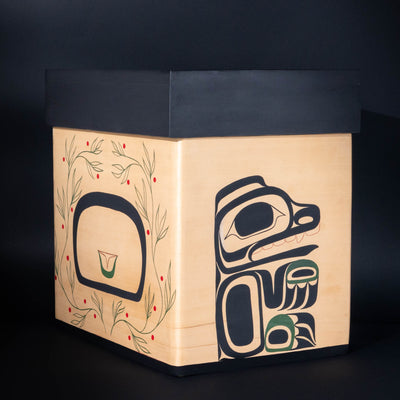 Bear mother bent wood box showcasing back and left side that featres haida formline bear cub and mother bear back with huckle berries, in black green and copper on a black background