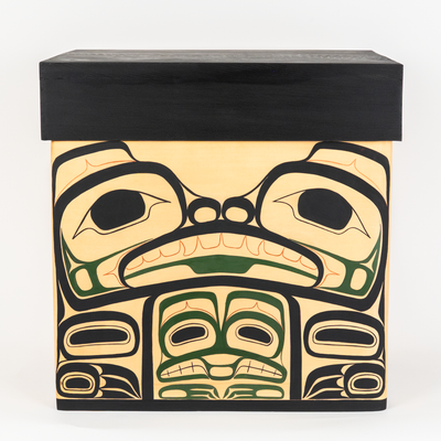Cedar Bentwood Chest featuring Bear mother and her cubs as well as mouse women in a forest colour palette